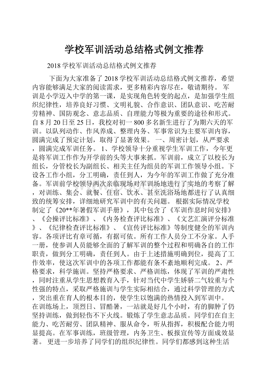 学校军训活动总结格式例文推荐.docx_第1页