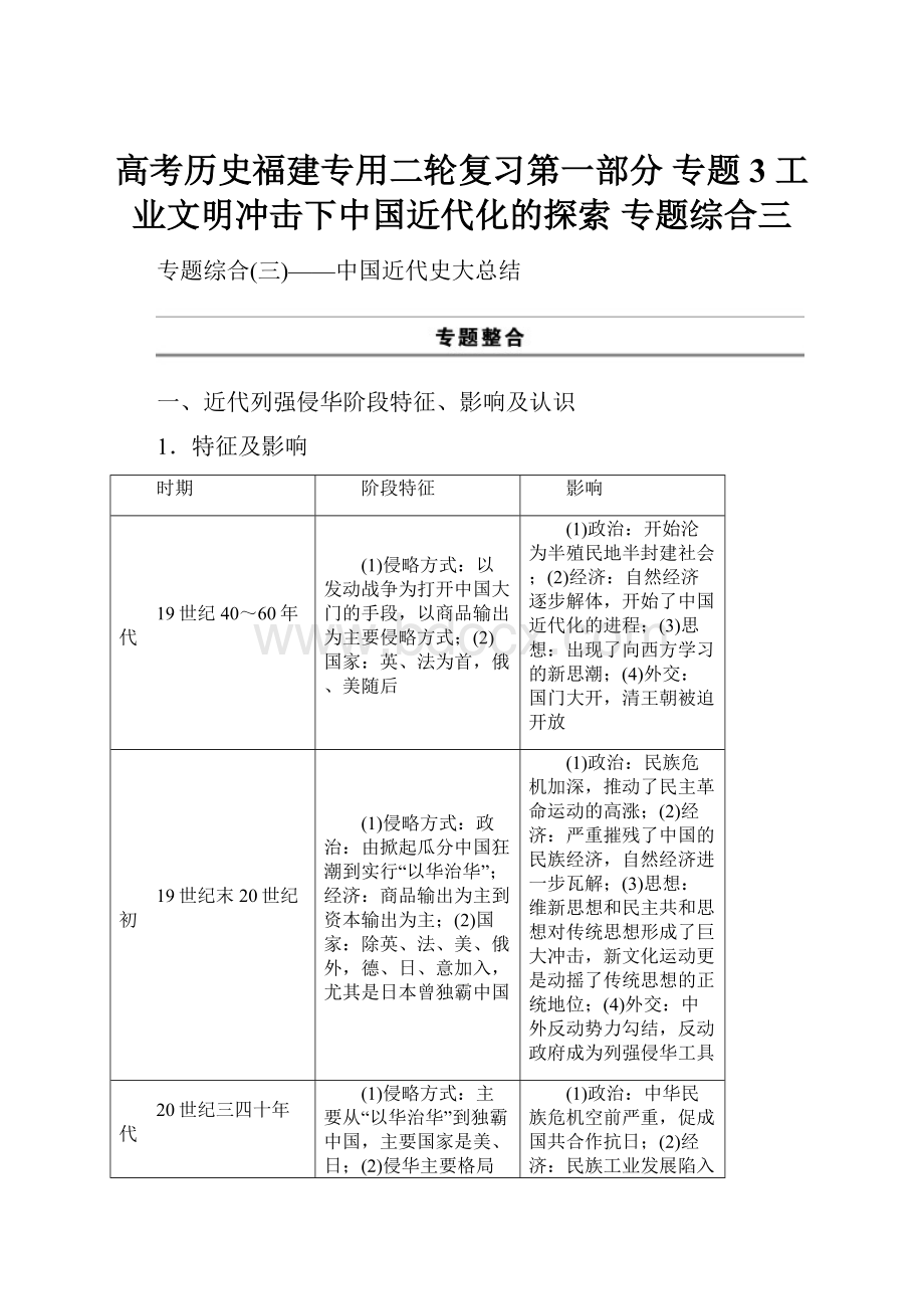 高考历史福建专用二轮复习第一部分 专题3 工业文明冲击下中国近代化的探索 专题综合三.docx