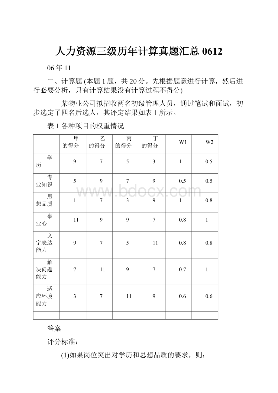 人力资源三级历年计算真题汇总0612.docx_第1页