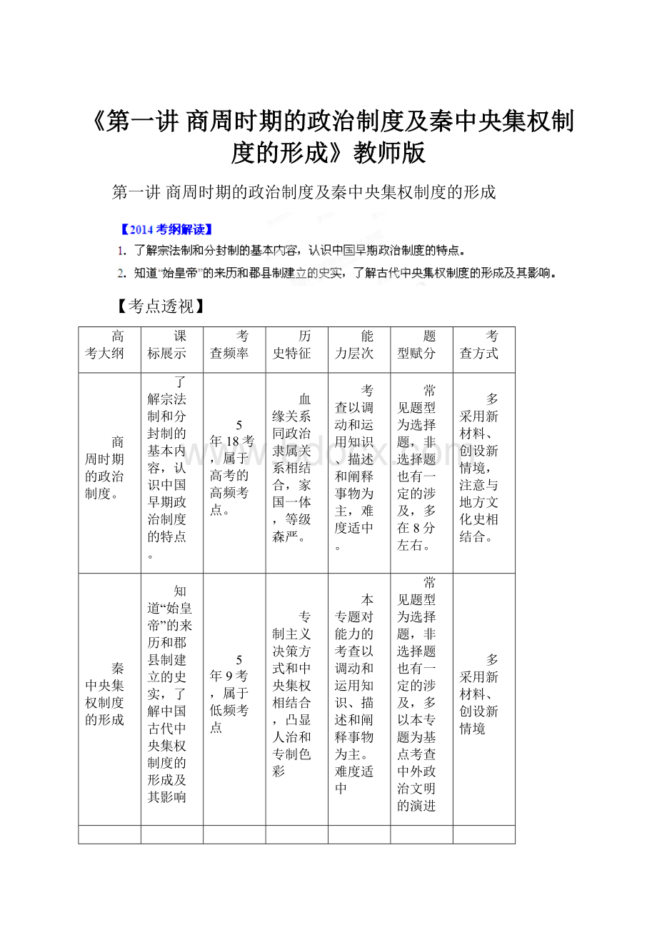 《第一讲 商周时期的政治制度及秦中央集权制度的形成》教师版.docx