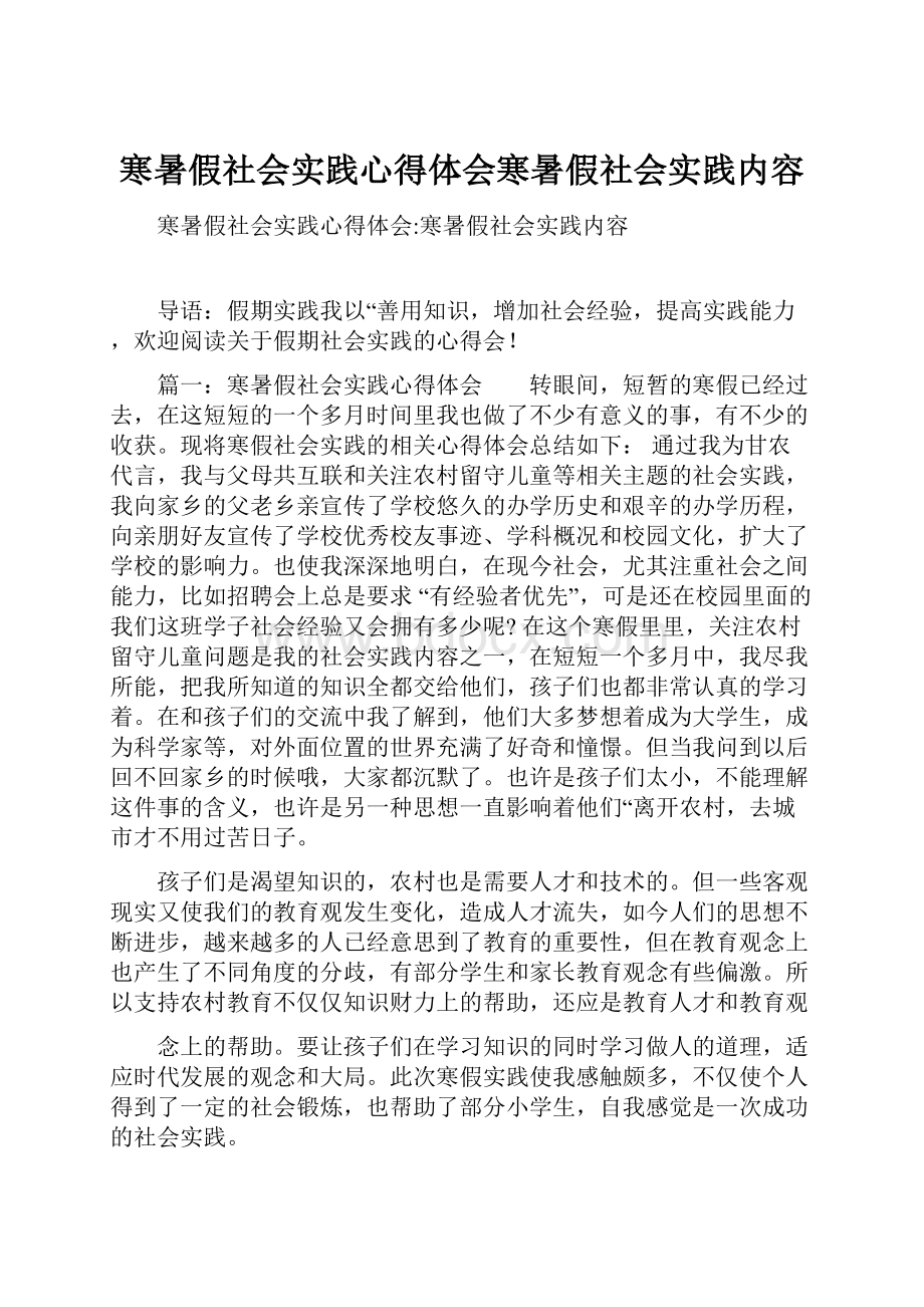 寒暑假社会实践心得体会寒暑假社会实践内容.docx