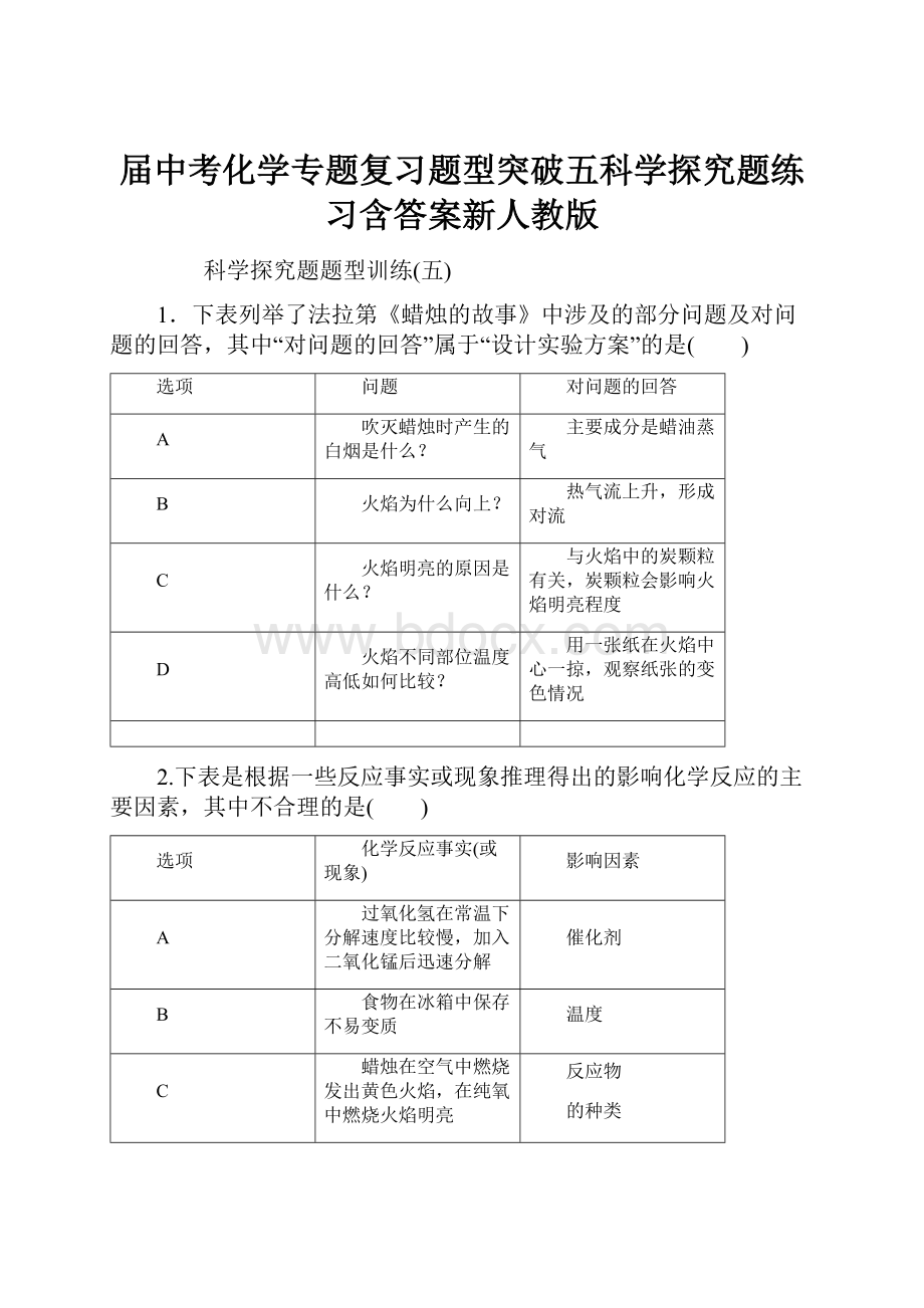 届中考化学专题复习题型突破五科学探究题练习含答案新人教版.docx