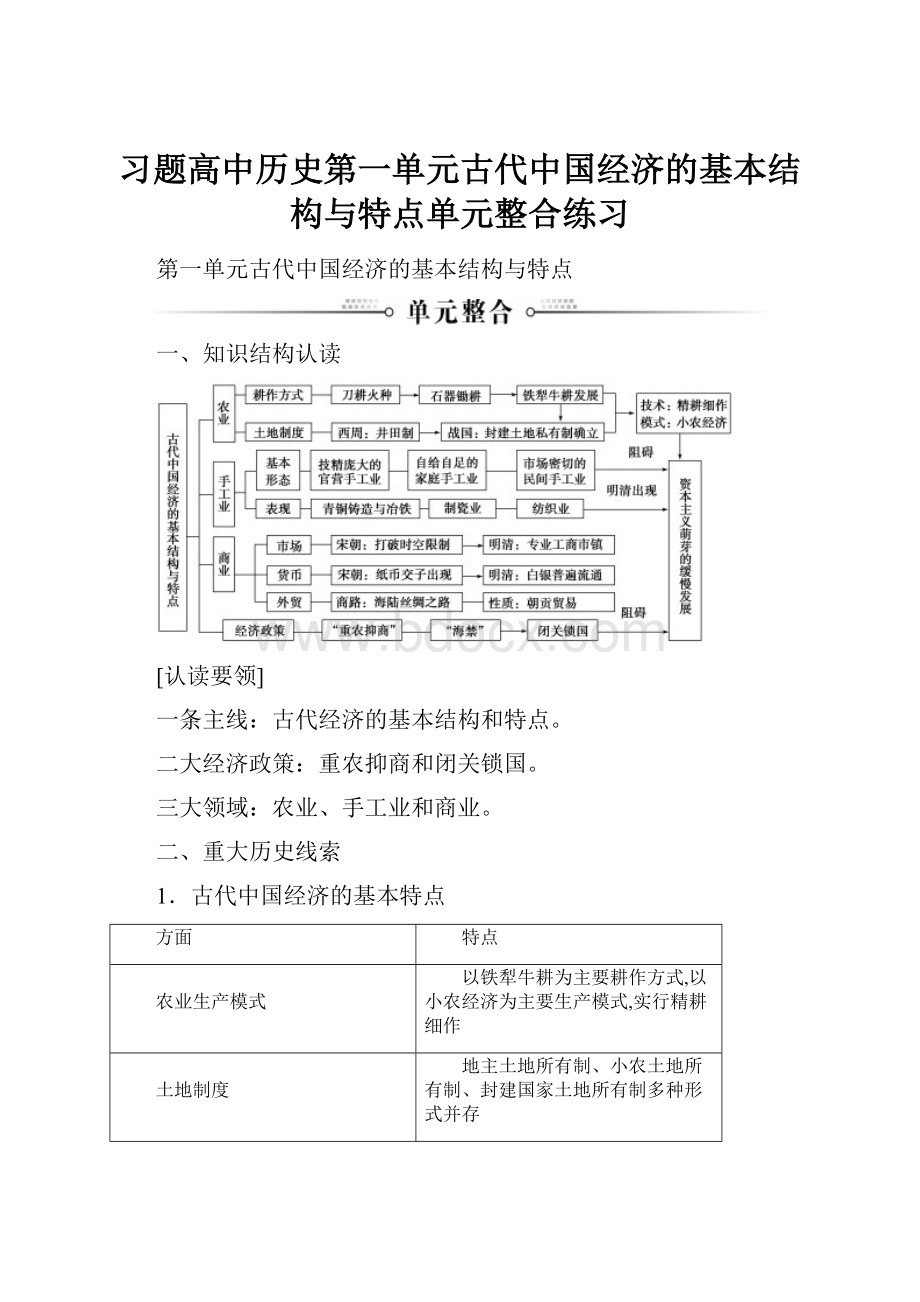 习题高中历史第一单元古代中国经济的基本结构与特点单元整合练习.docx_第1页