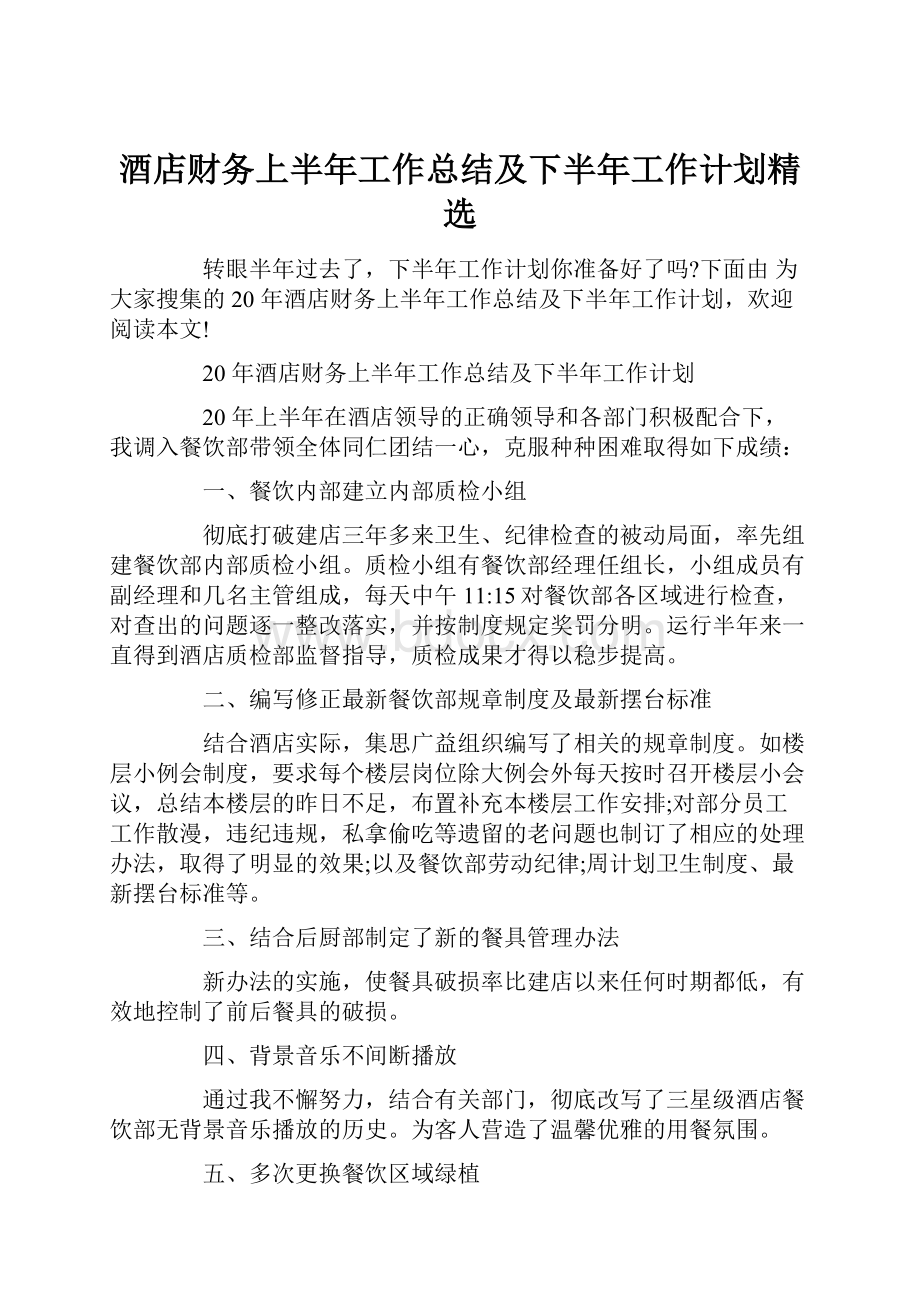 酒店财务上半年工作总结及下半年工作计划精选.docx