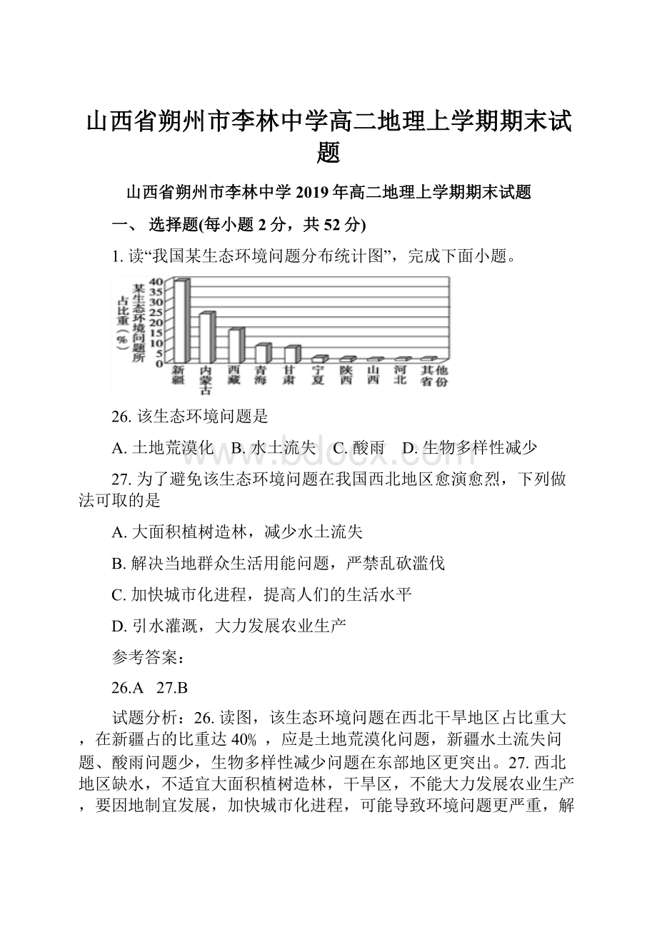 山西省朔州市李林中学高二地理上学期期末试题.docx