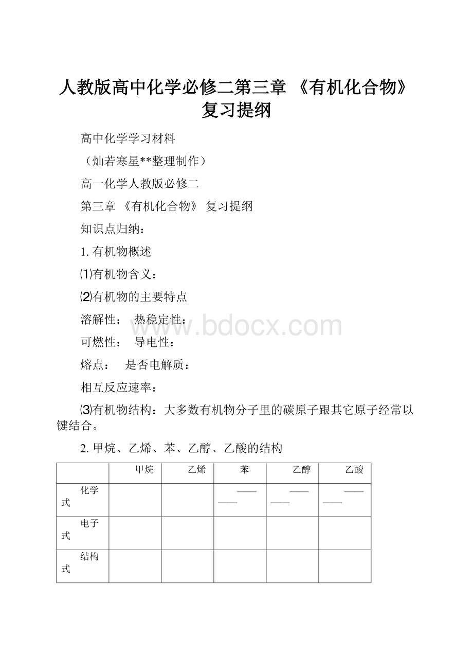 人教版高中化学必修二第三章 《有机化合物》 复习提纲.docx_第1页