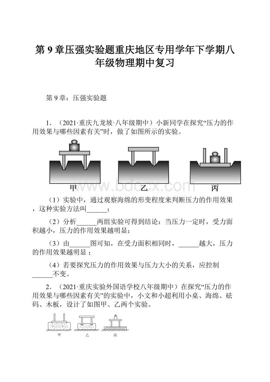 第9章压强实验题重庆地区专用学年下学期八年级物理期中复习.docx