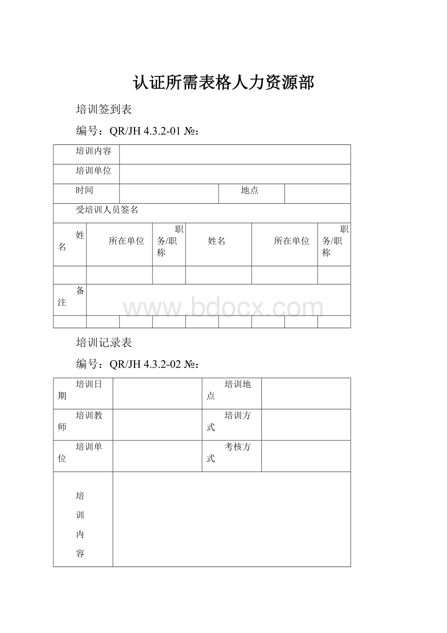 认证所需表格人力资源部.docx