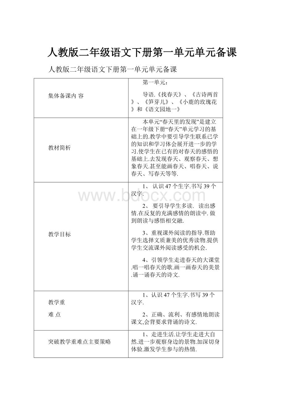 人教版二年级语文下册第一单元单元备课.docx