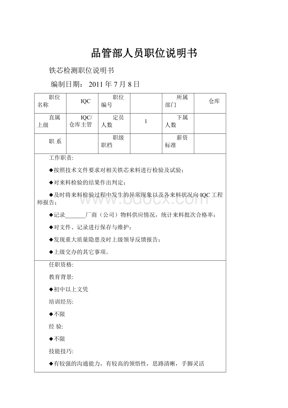 品管部人员职位说明书.docx_第1页