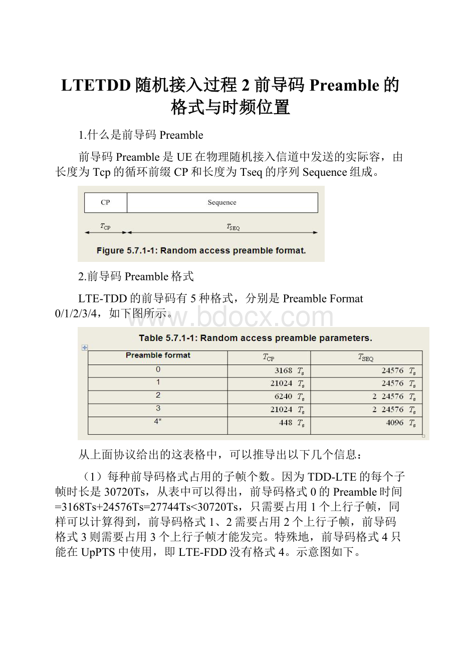 LTETDD随机接入过程2前导码Preamble的格式与时频位置.docx