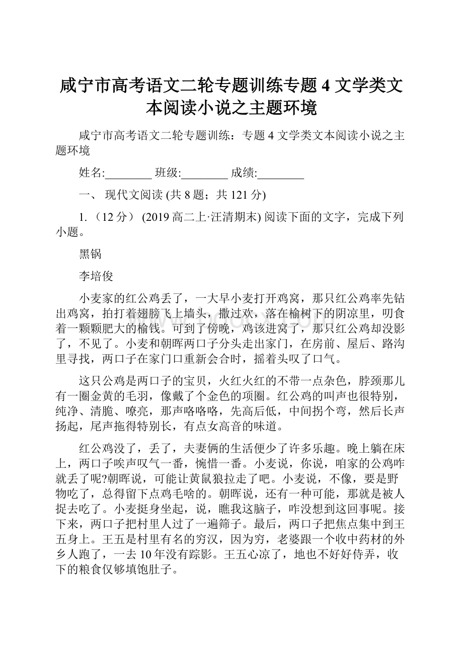 咸宁市高考语文二轮专题训练专题4 文学类文本阅读小说之主题环境.docx