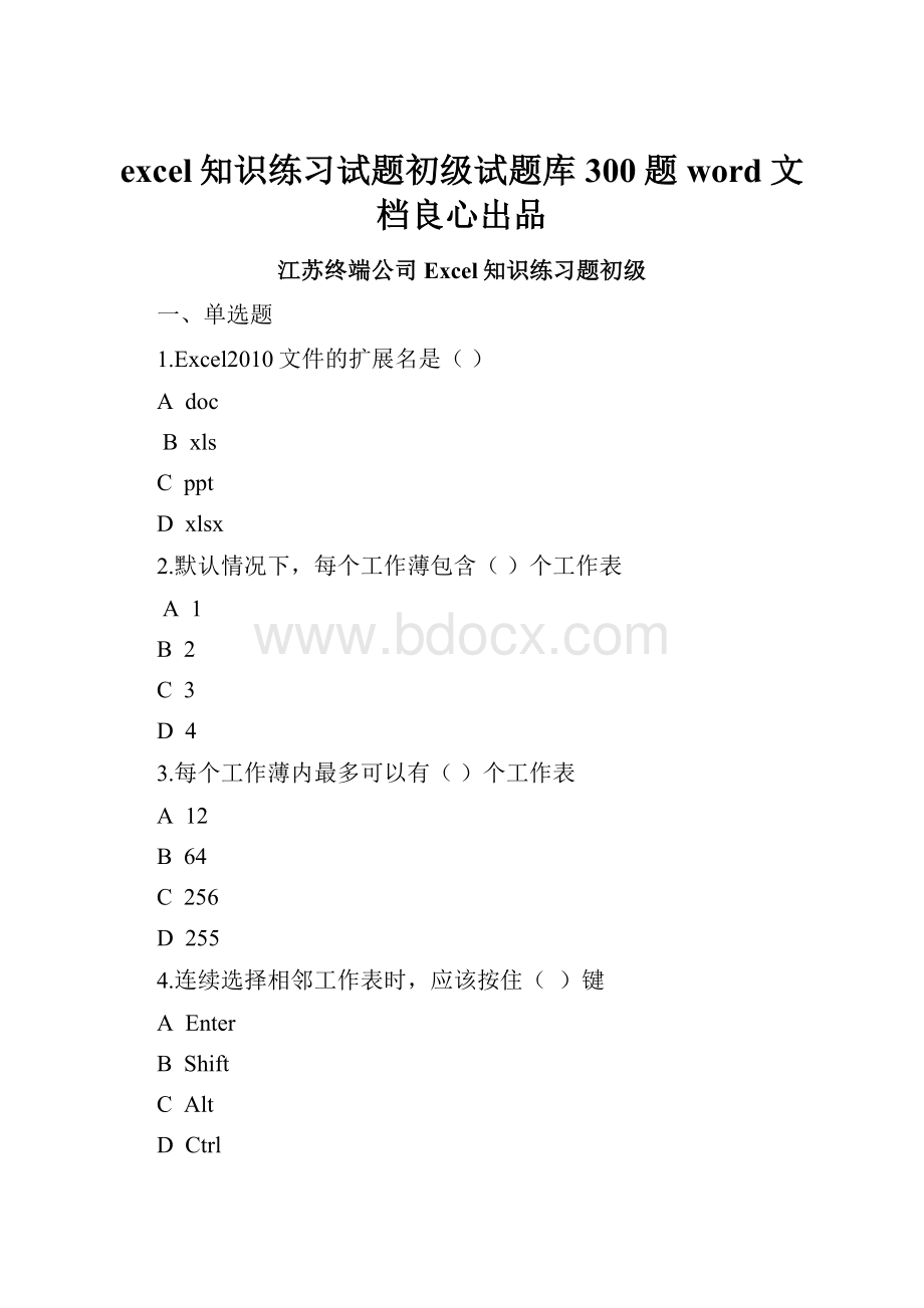 excel知识练习试题初级试题库300题word文档良心出品.docx