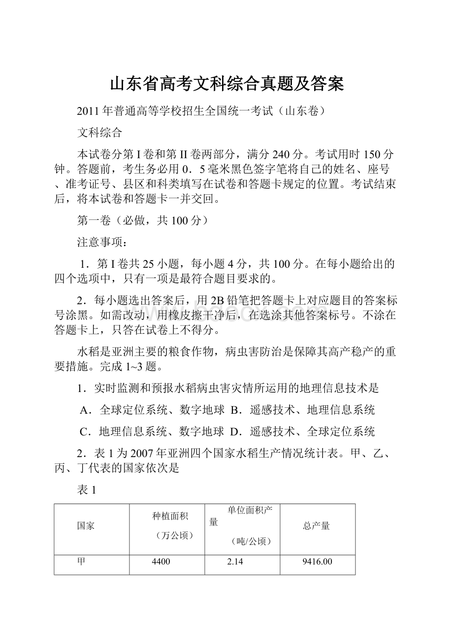 山东省高考文科综合真题及答案.docx