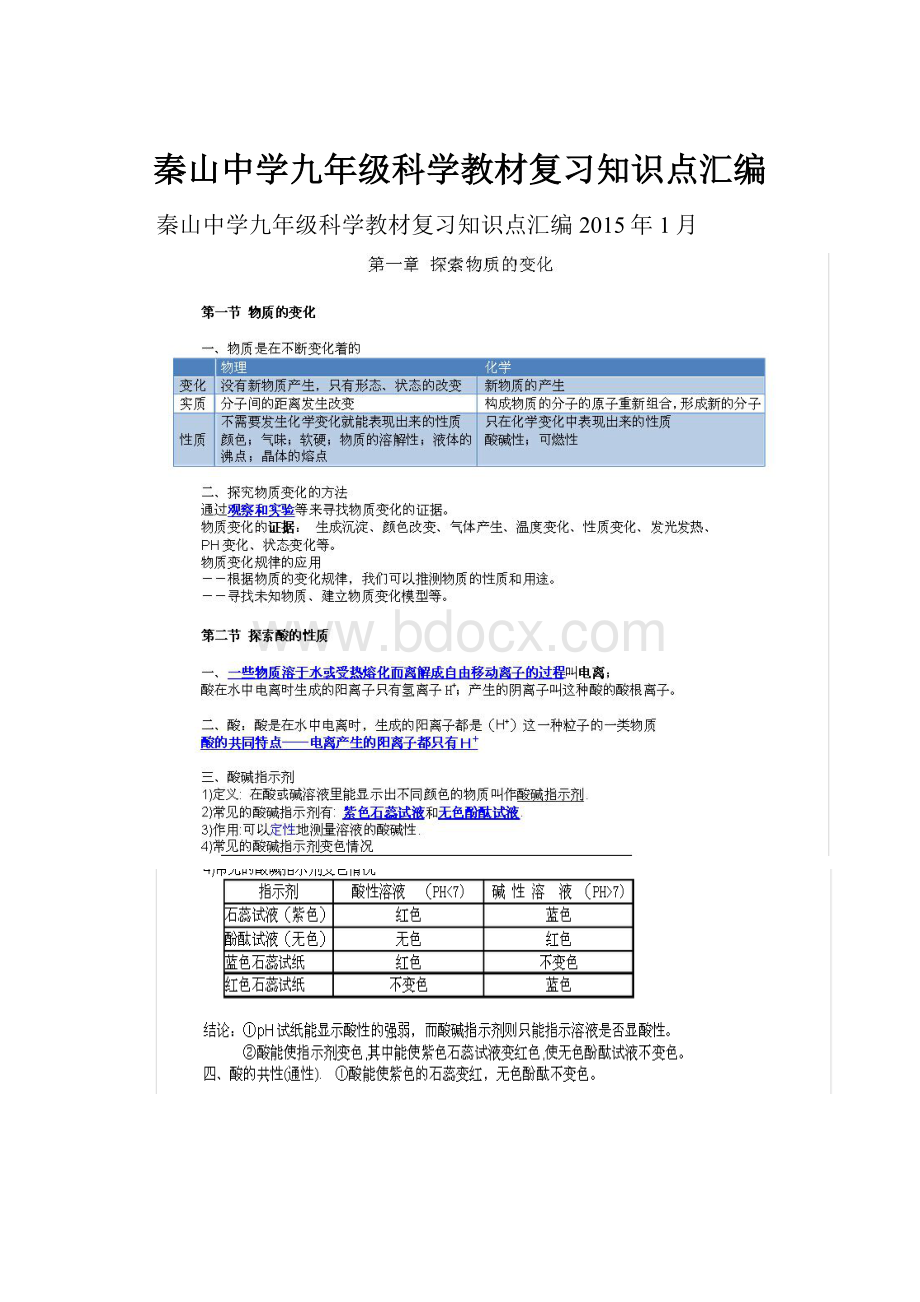 秦山中学九年级科学教材复习知识点汇编.docx