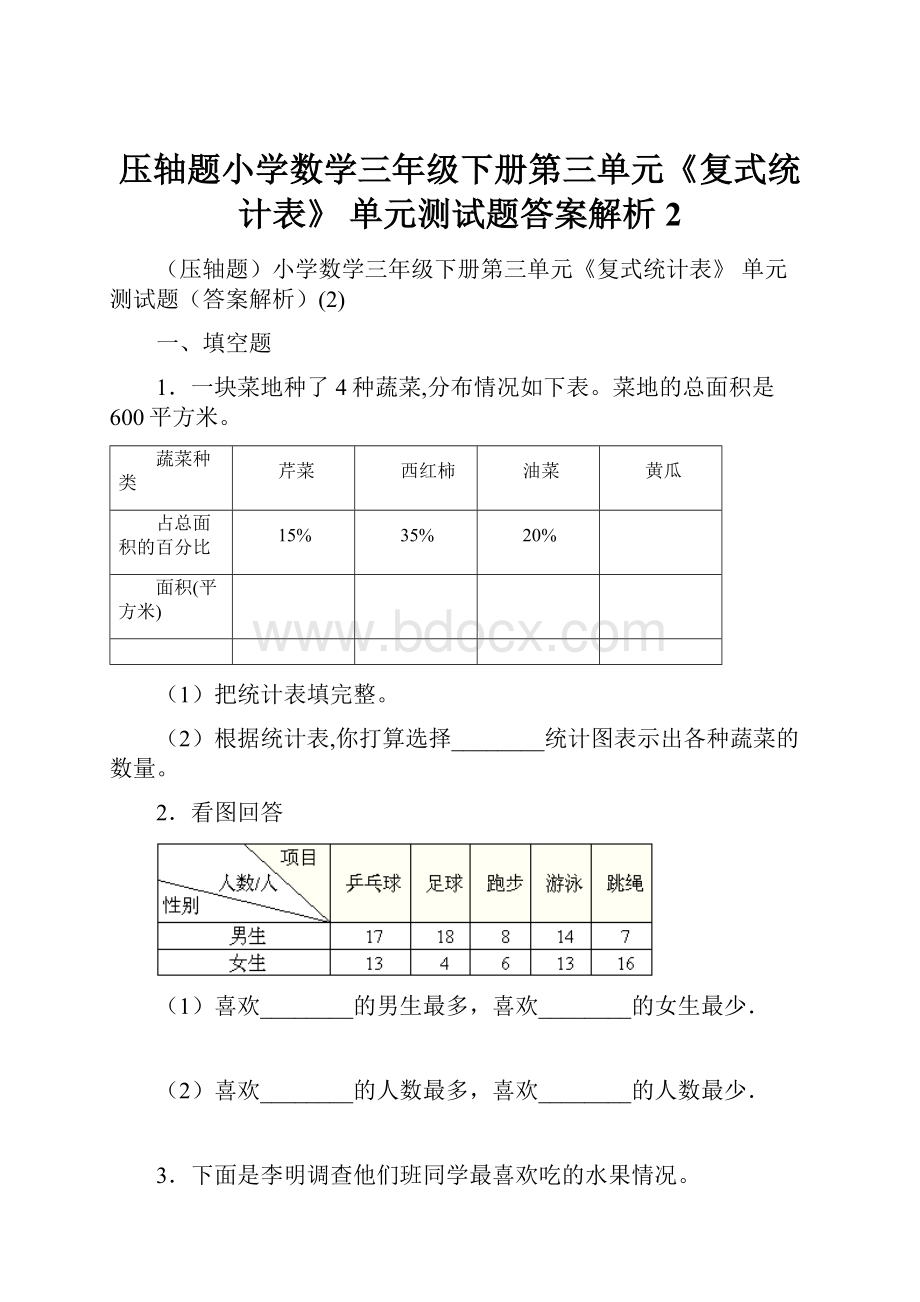 压轴题小学数学三年级下册第三单元《复式统计表》 单元测试题答案解析2.docx_第1页