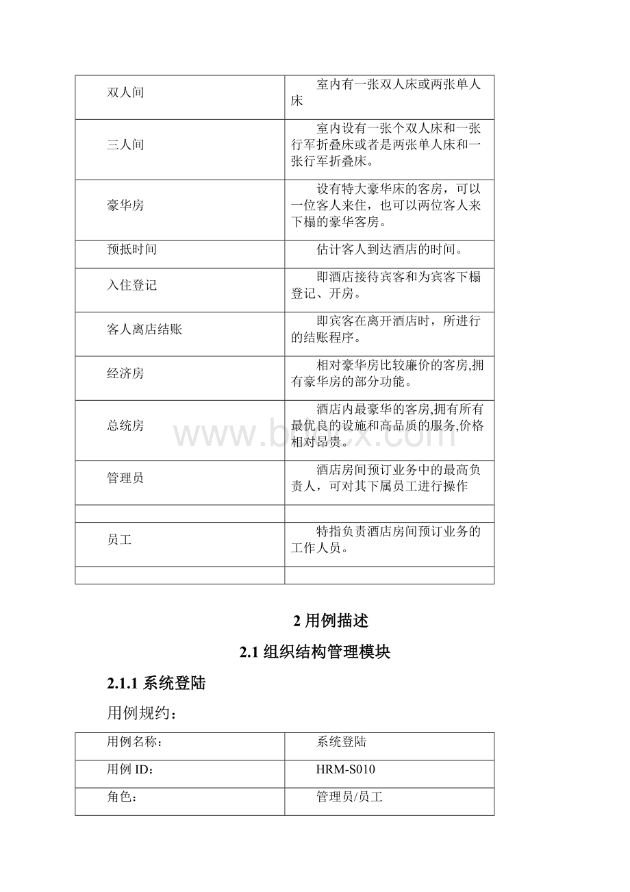 组织机构管理模块酒店客房预订系统用例规约描述word资料23页.docx_第2页