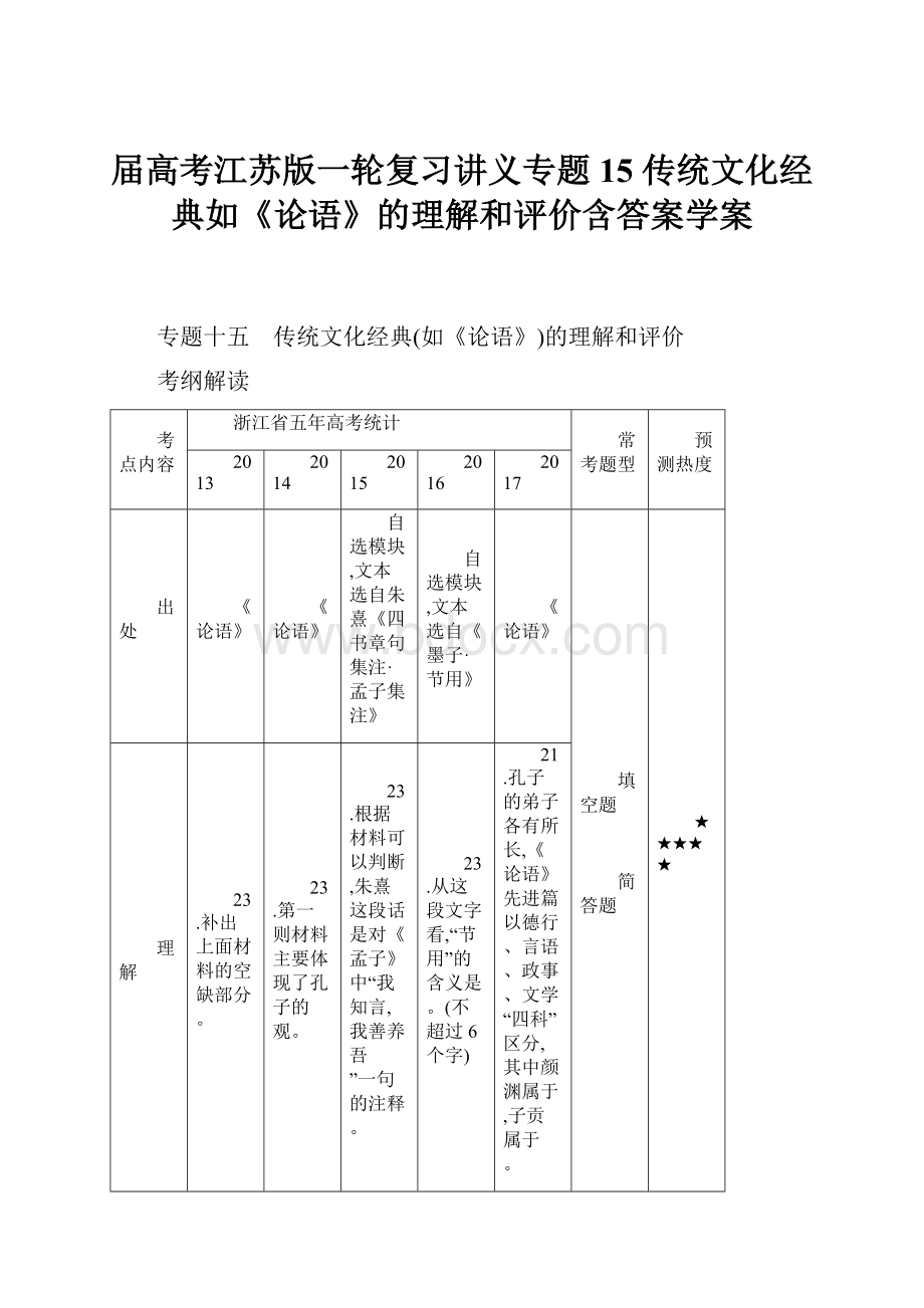 届高考江苏版一轮复习讲义专题15 传统文化经典如《论语》的理解和评价含答案学案.docx_第1页