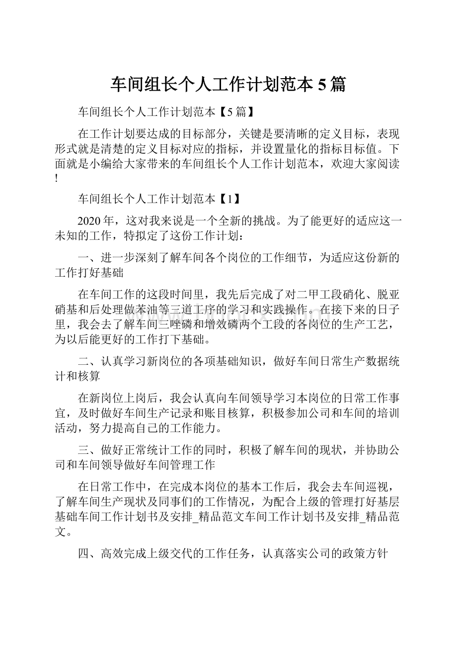 车间组长个人工作计划范本5篇.docx