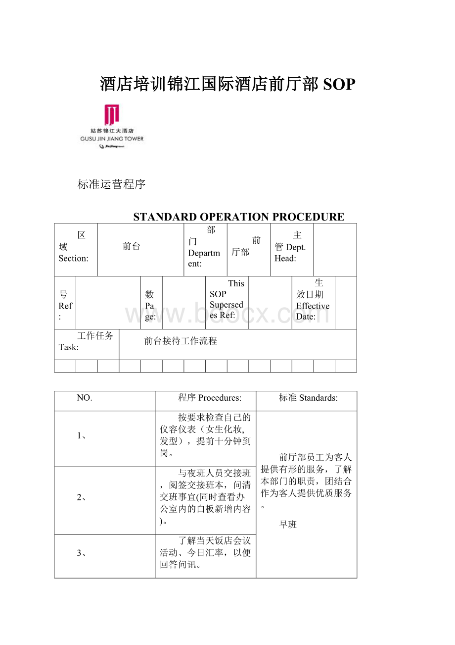 酒店培训锦江国际酒店前厅部SOP.docx