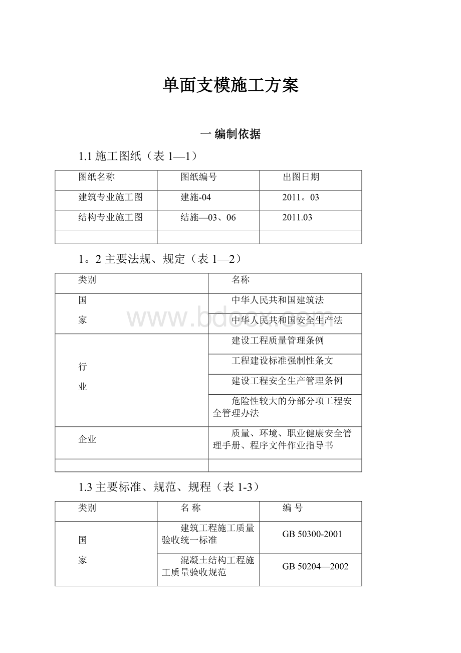 单面支模施工方案.docx_第1页