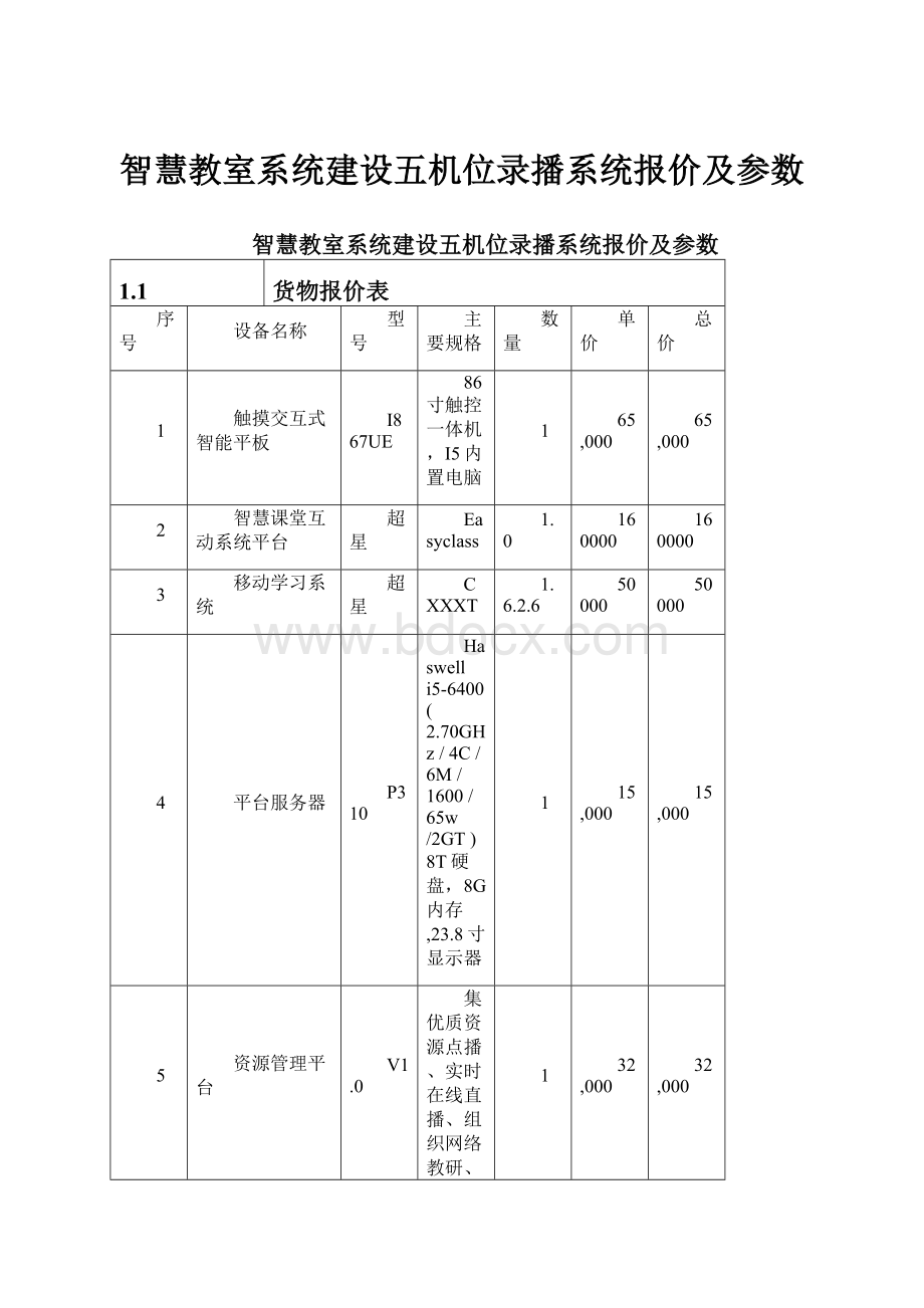 智慧教室系统建设五机位录播系统报价及参数.docx_第1页