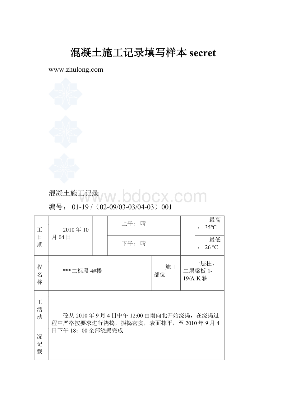 混凝土施工记录填写样本secret.docx_第1页