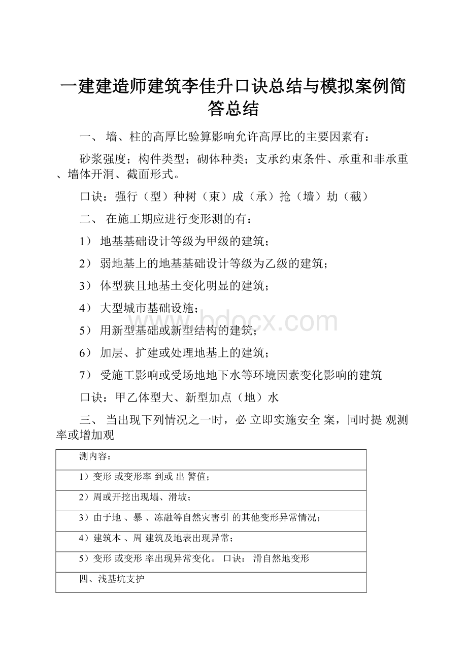 一建建造师建筑李佳升口诀总结与模拟案例简答总结.docx_第1页