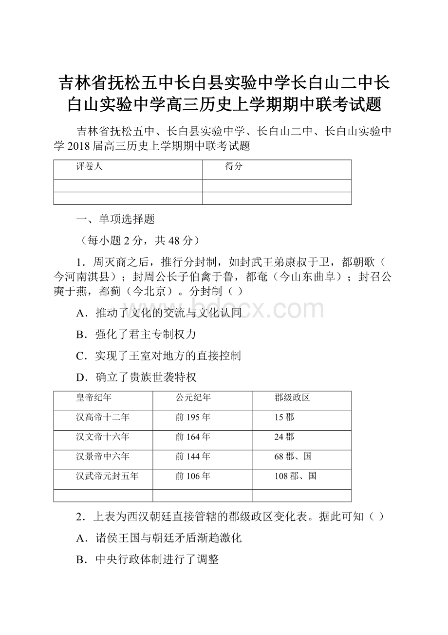 吉林省抚松五中长白县实验中学长白山二中长白山实验中学高三历史上学期期中联考试题.docx