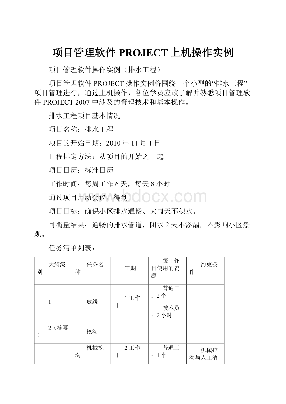 项目管理软件PROJECT上机操作实例.docx