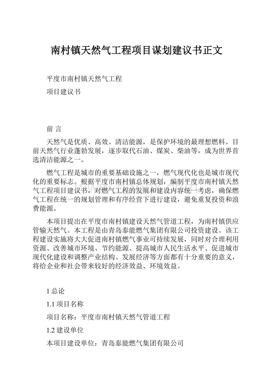 南村镇天然气工程项目谋划建议书正文.docx