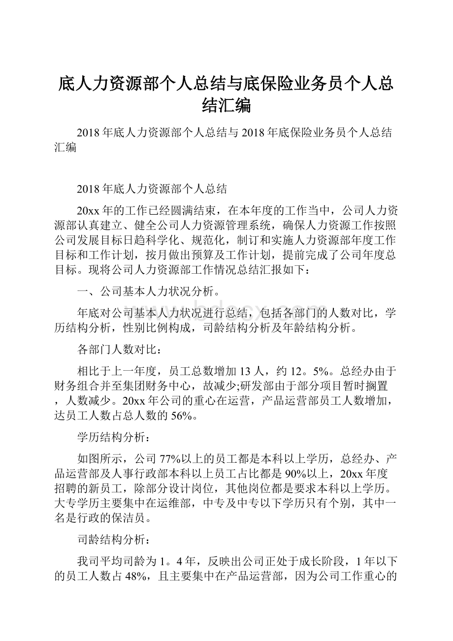 底人力资源部个人总结与底保险业务员个人总结汇编.docx