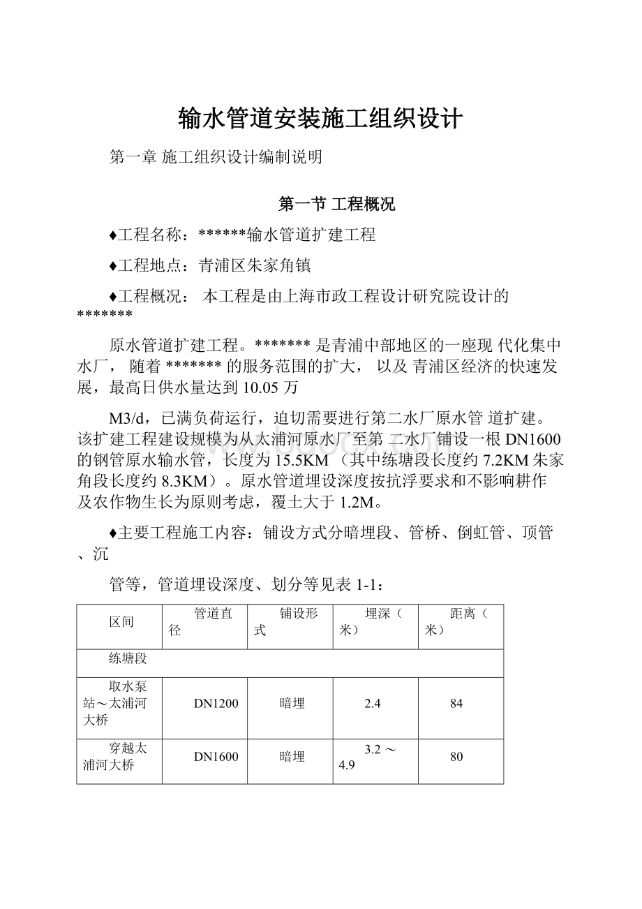 输水管道安装施工组织设计.docx_第1页