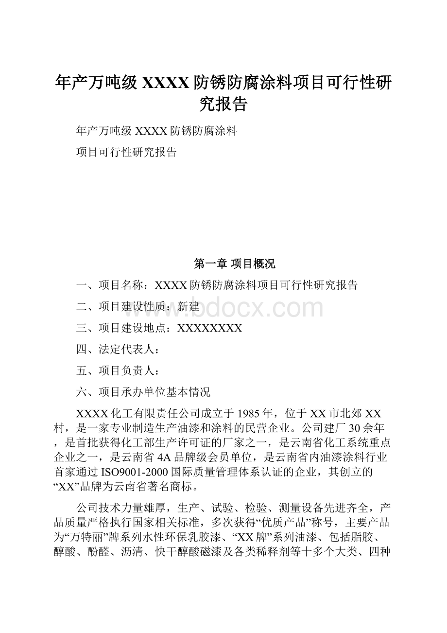 年产万吨级XXXX防锈防腐涂料项目可行性研究报告.docx_第1页