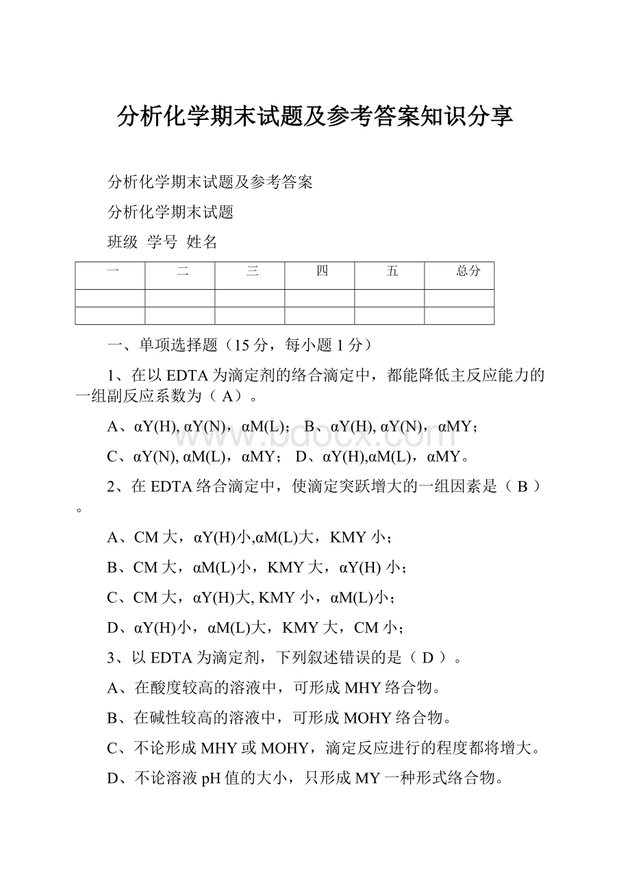 分析化学期末试题及参考答案知识分享.docx