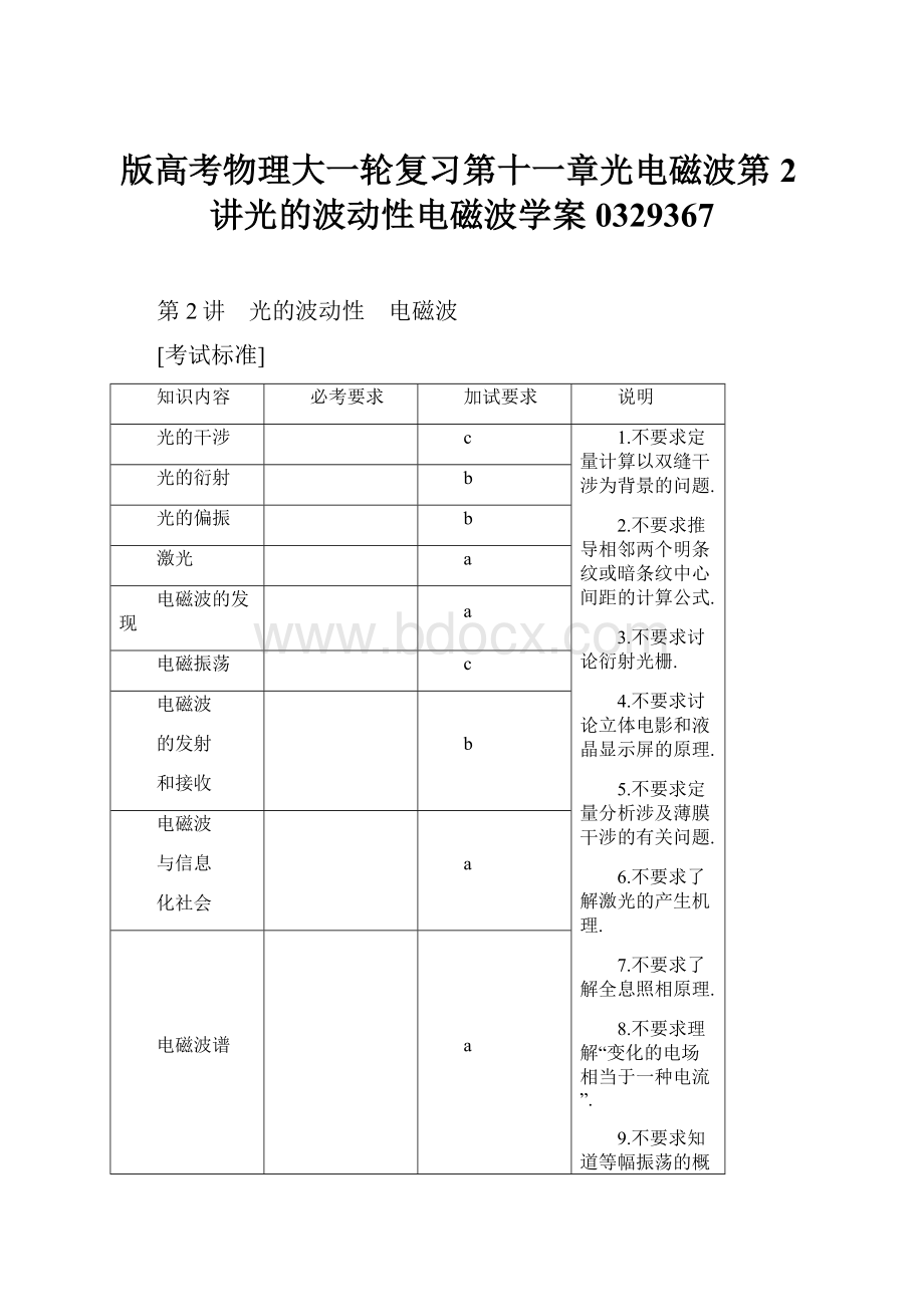 版高考物理大一轮复习第十一章光电磁波第2讲光的波动性电磁波学案0329367.docx_第1页