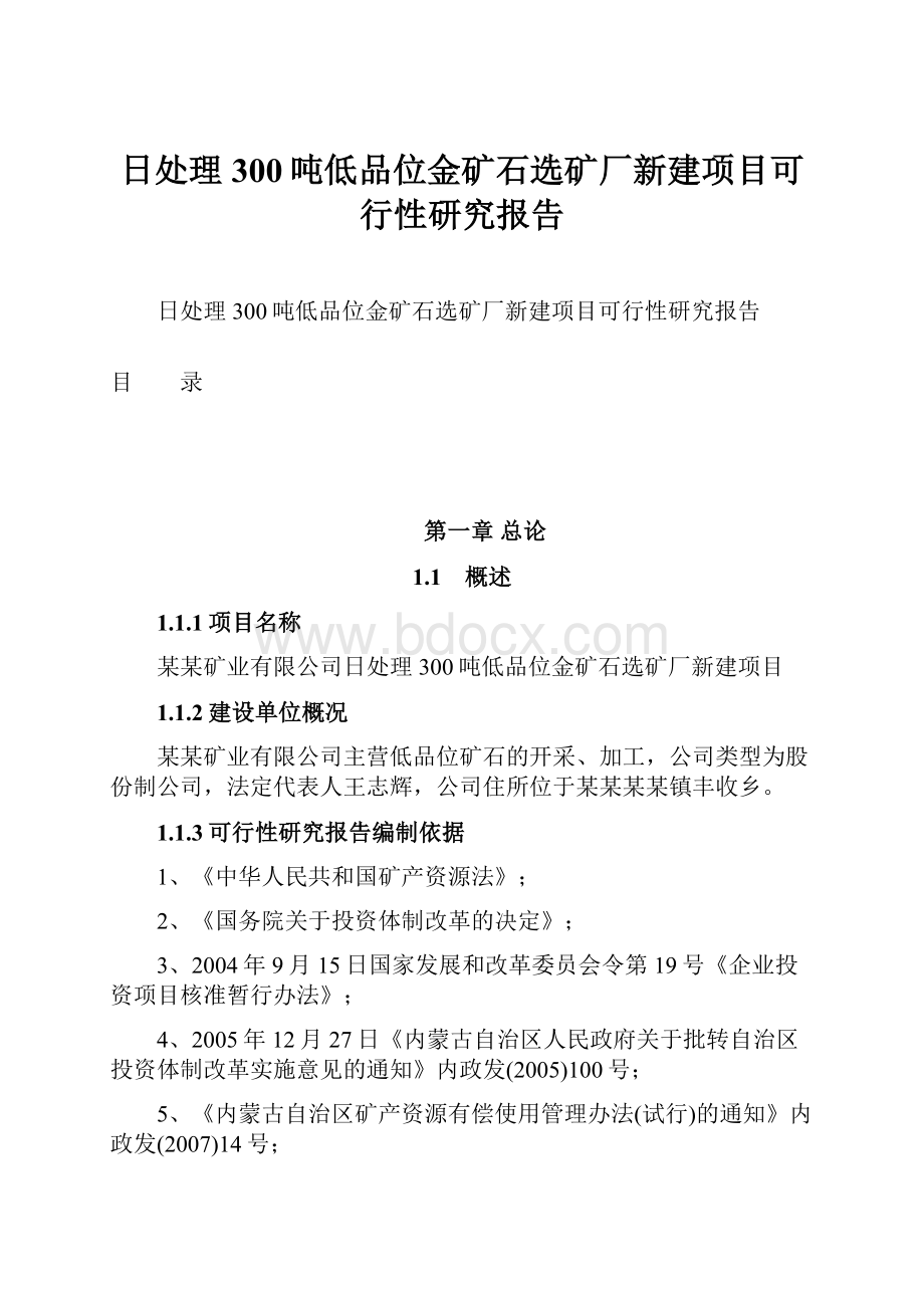 日处理300吨低品位金矿石选矿厂新建项目可行性研究报告.docx