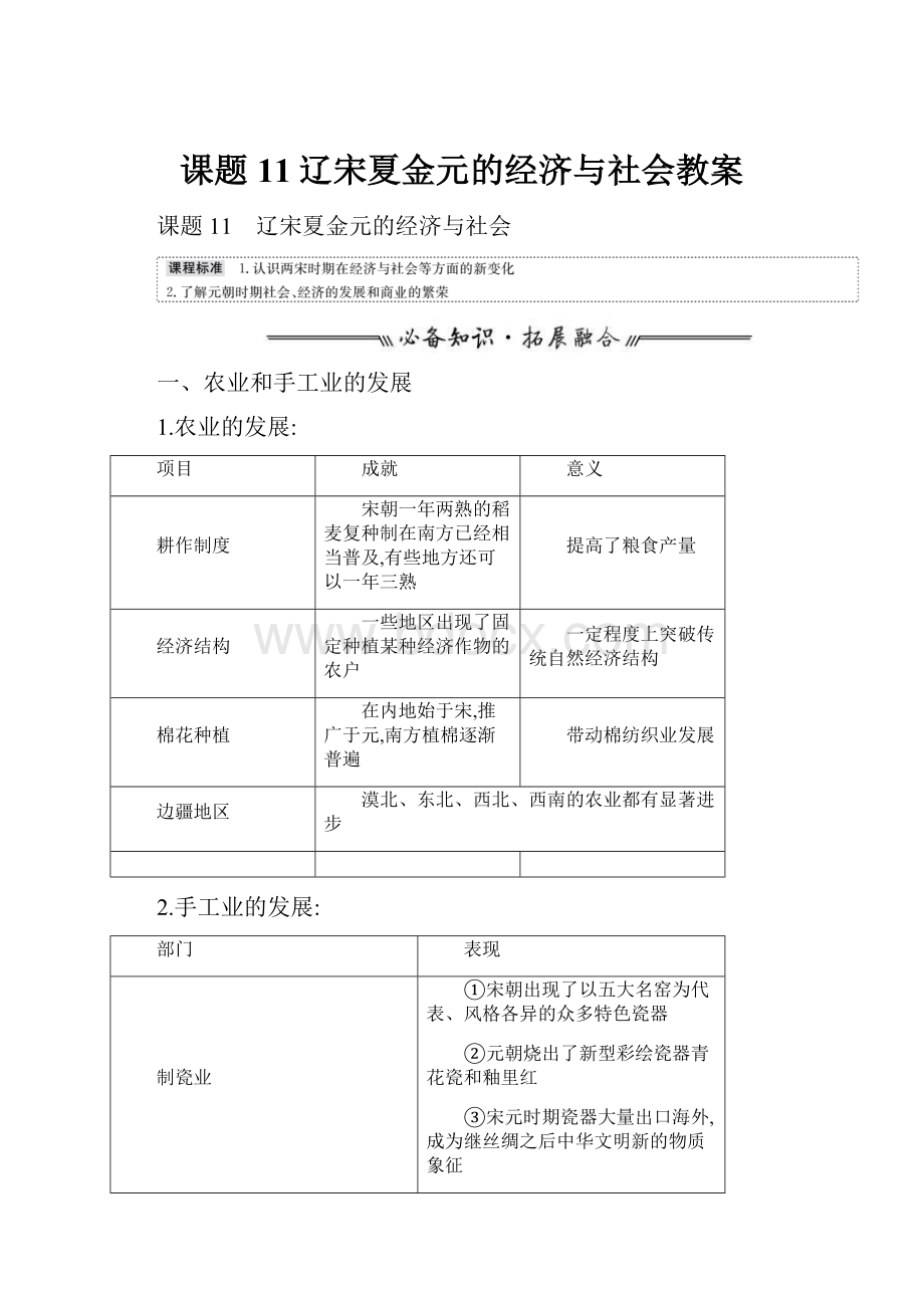 课题11辽宋夏金元的经济与社会教案.docx