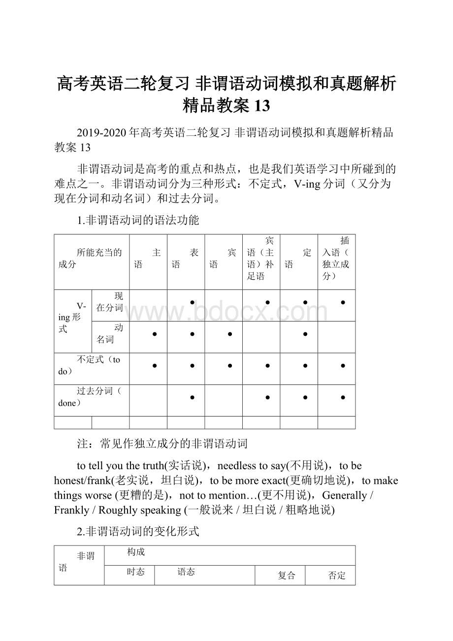 高考英语二轮复习 非谓语动词模拟和真题解析精品教案13.docx_第1页