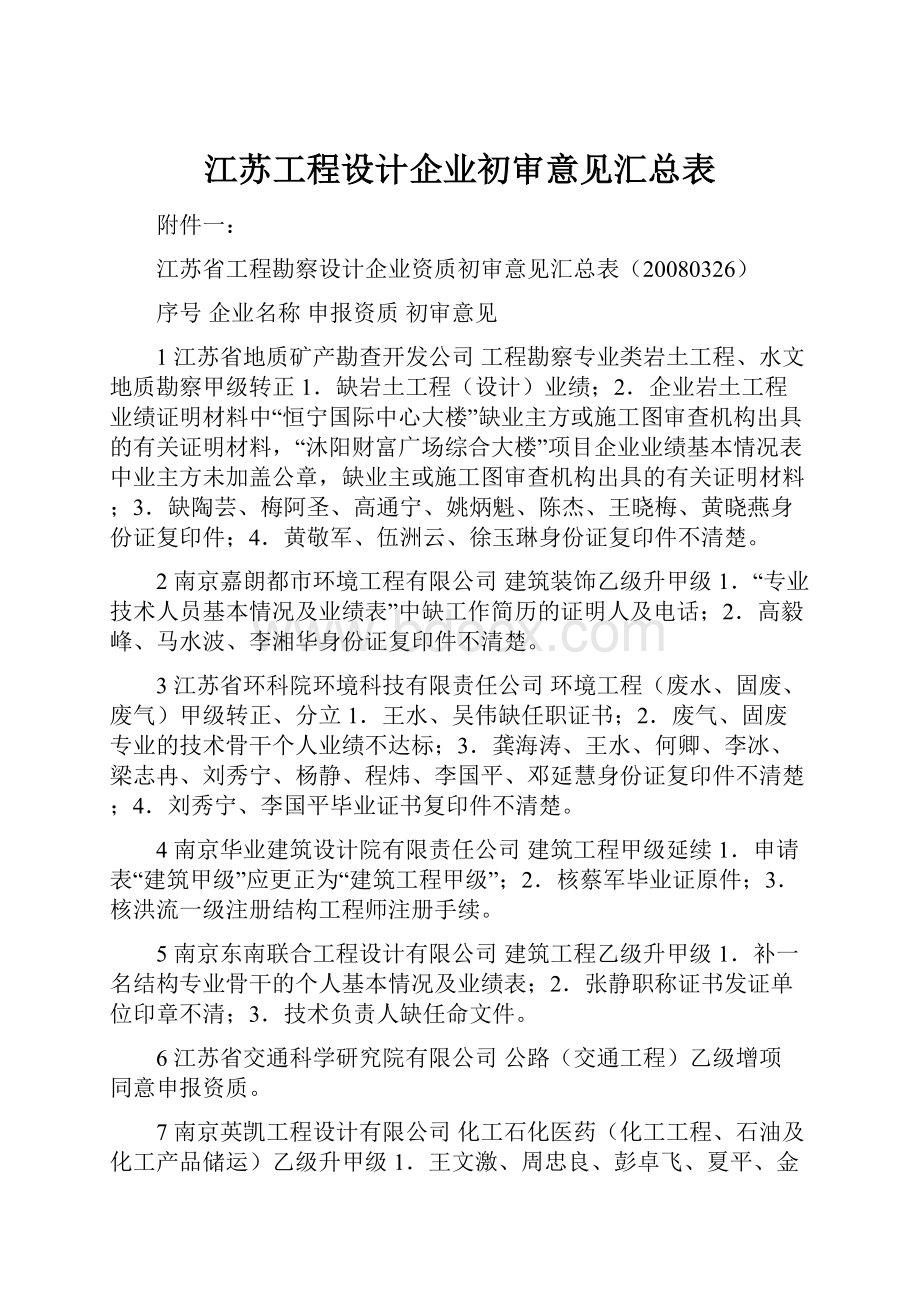 江苏工程设计企业初审意见汇总表.docx_第1页