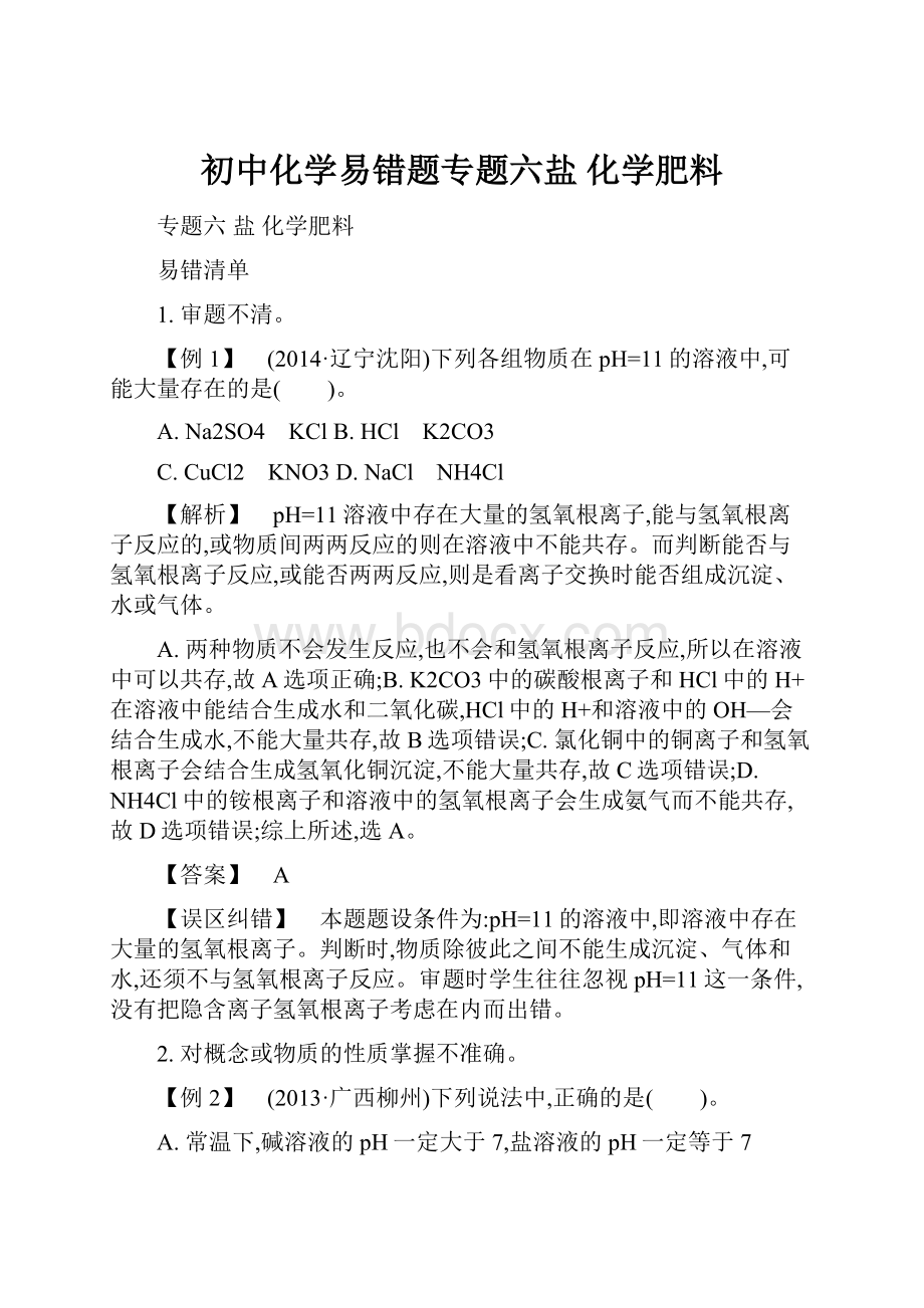 初中化学易错题专题六盐 化学肥料.docx