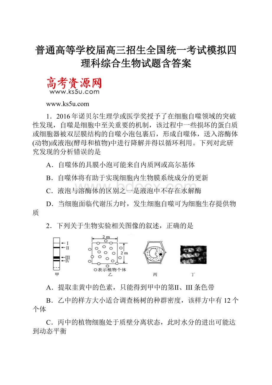 普通高等学校届高三招生全国统一考试模拟四理科综合生物试题含答案.docx_第1页