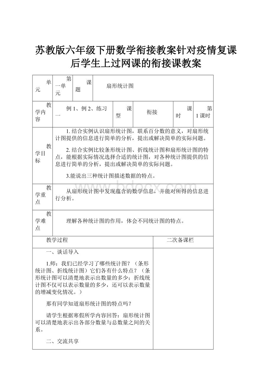 苏教版六年级下册数学衔接教案针对疫情复课后学生上过网课的衔接课教案.docx_第1页