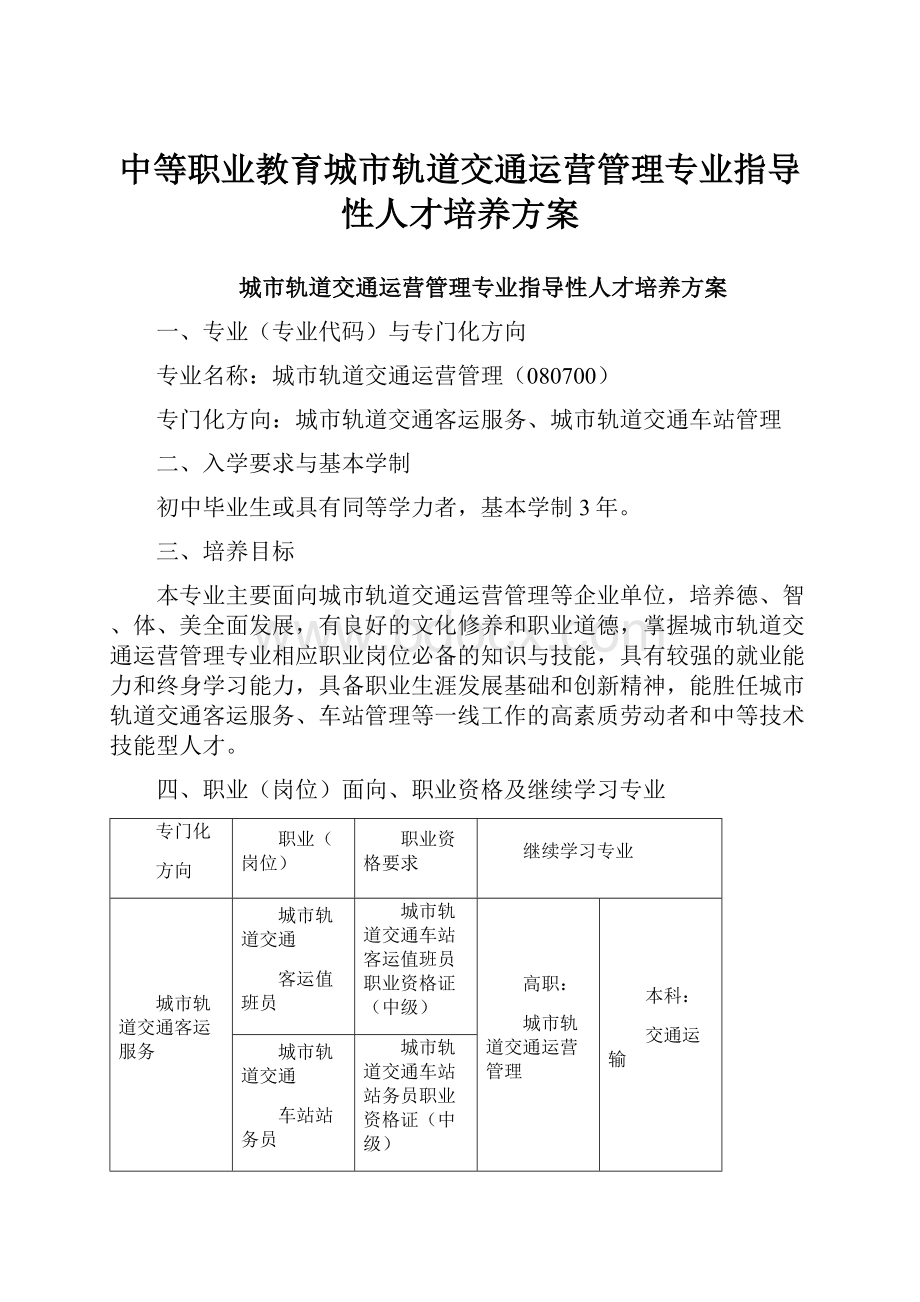 中等职业教育城市轨道交通运营管理专业指导性人才培养方案.docx