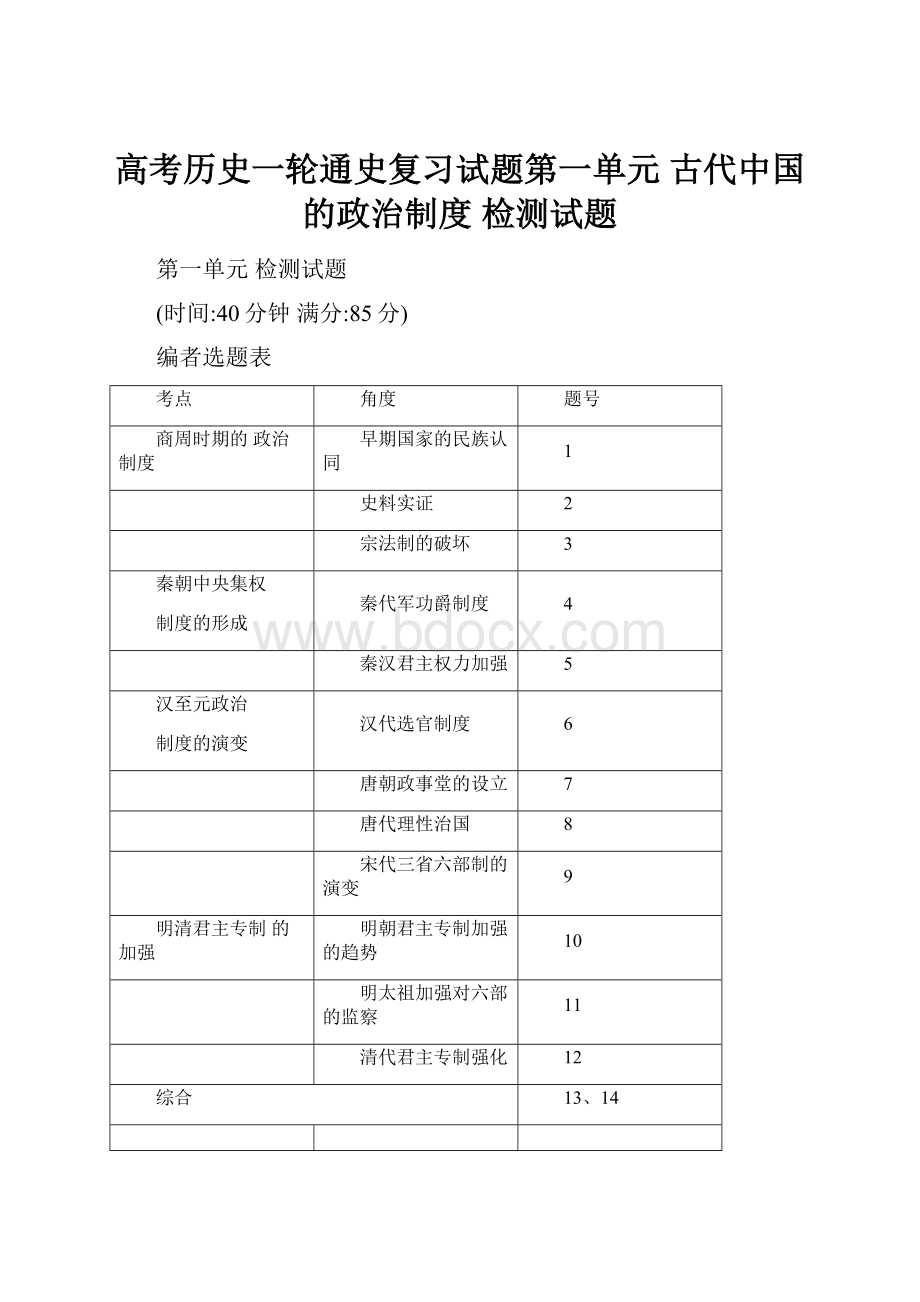 高考历史一轮通史复习试题第一单元 古代中国的政治制度 检测试题.docx