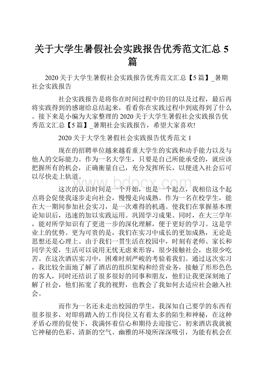 关于大学生暑假社会实践报告优秀范文汇总5篇.docx_第1页