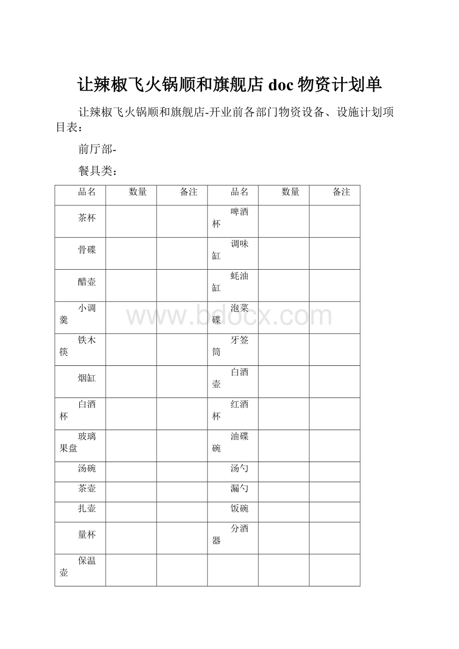 让辣椒飞火锅顺和旗舰店doc物资计划单.docx