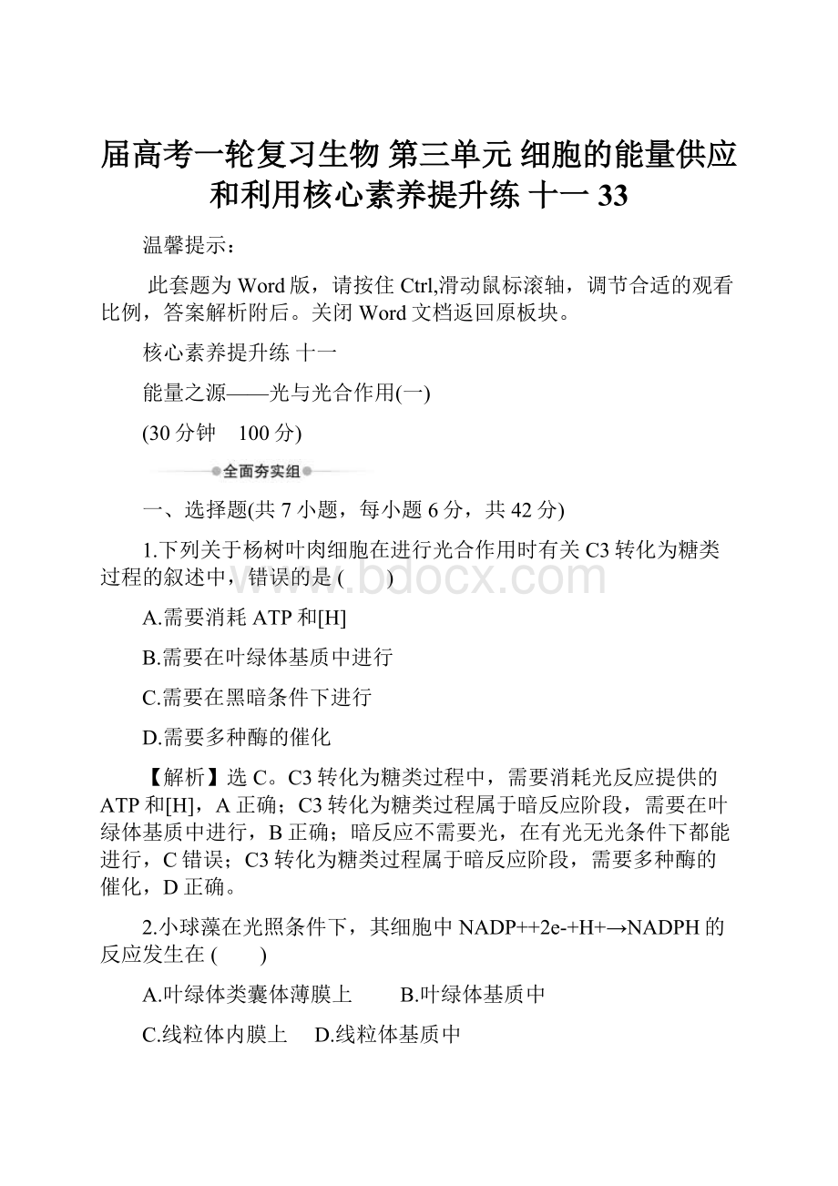 届高考一轮复习生物第三单元 细胞的能量供应和利用核心素养提升练 十一 33.docx