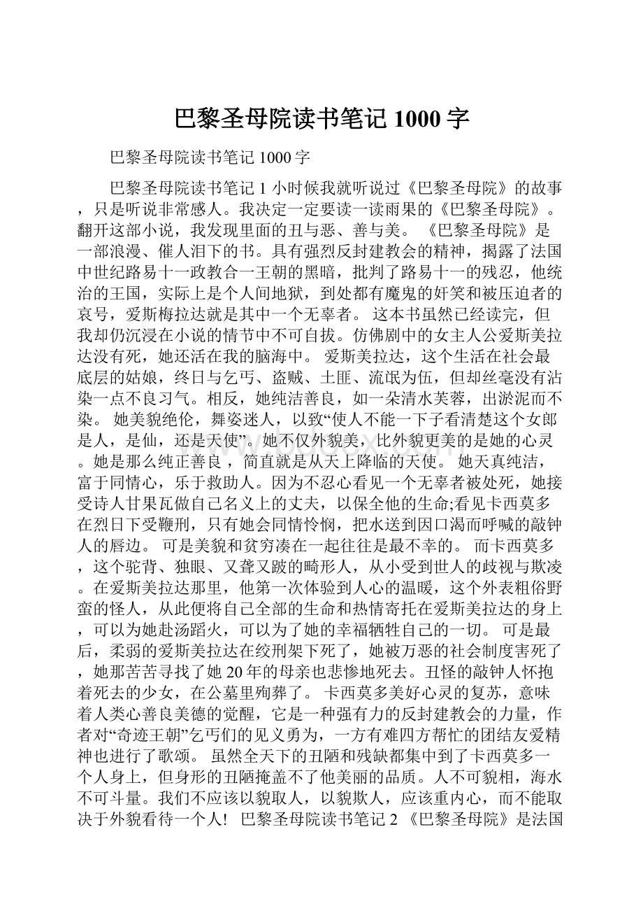 巴黎圣母院读书笔记1000字.docx