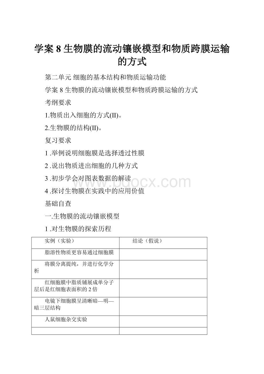 学案8生物膜的流动镶嵌模型和物质跨膜运输的方式.docx